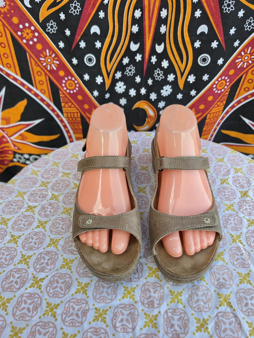 Wolky Taupe Leather Mary Jane Comfort Wedge Sandals Women's EU 39 US 8.5-9